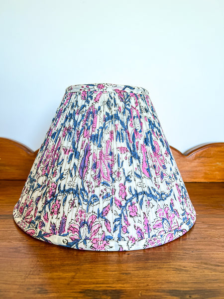SALE Floral Pink and Blue Block Print Gathered Lampshade