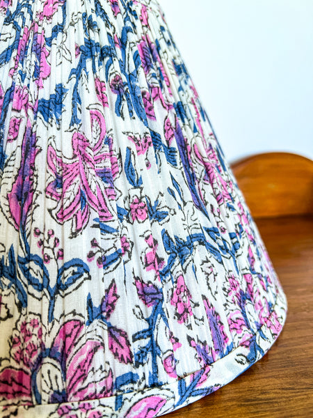 SALE Floral Pink and Blue Block Print Gathered Lampshade