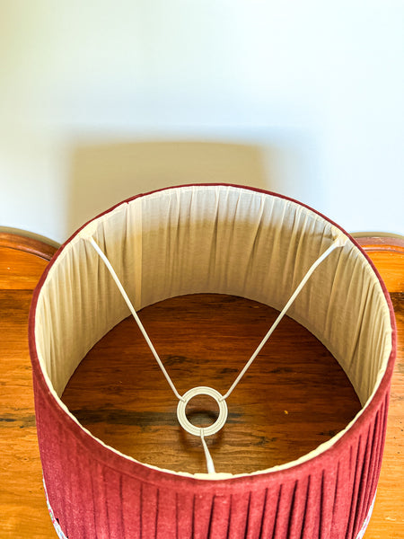 Maroon Linen Gathered Lampshade with Floral Trim